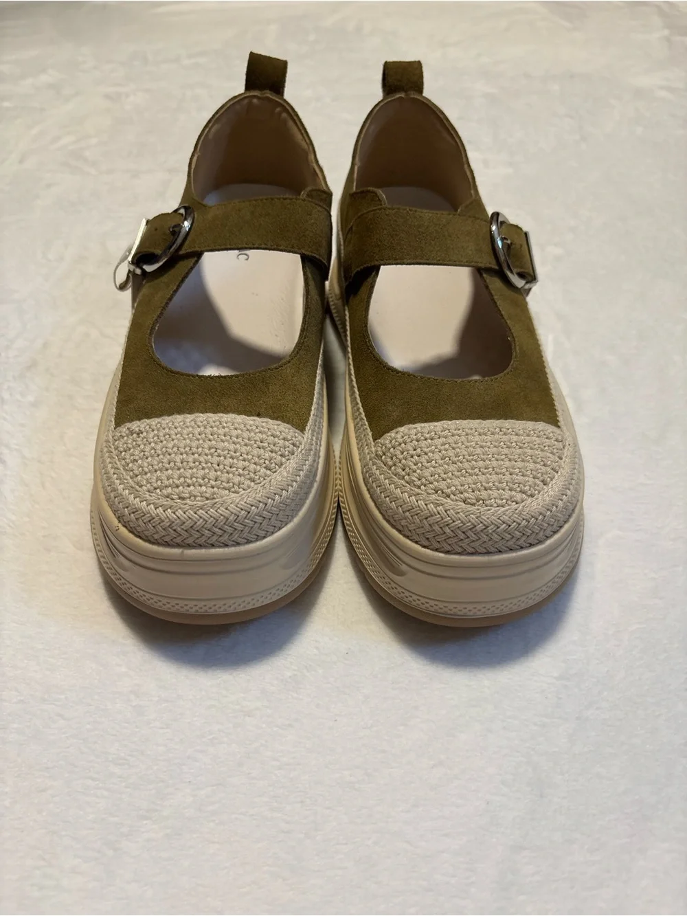 SUEDE MARY JANES | Women’s Platform Shoes in Olive and Cream - Knit Toe w/Buckle
